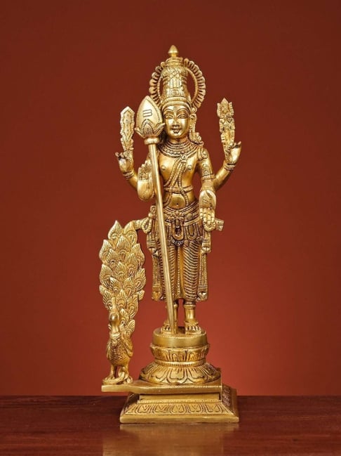 Ekaa Handicrafts Golden Brass Kartikeya Swami Idol With Peacock Murugan Swami-picture-32