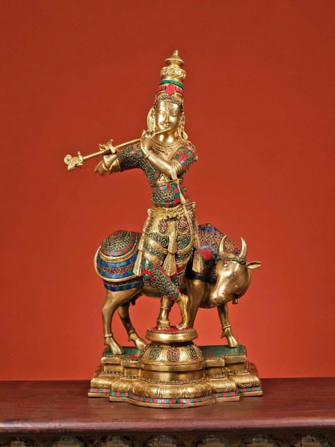 Ekaa Handicrafts Multicolour 26 Inch Brass Lord Krishna Playing Flute With Cow-picture-31