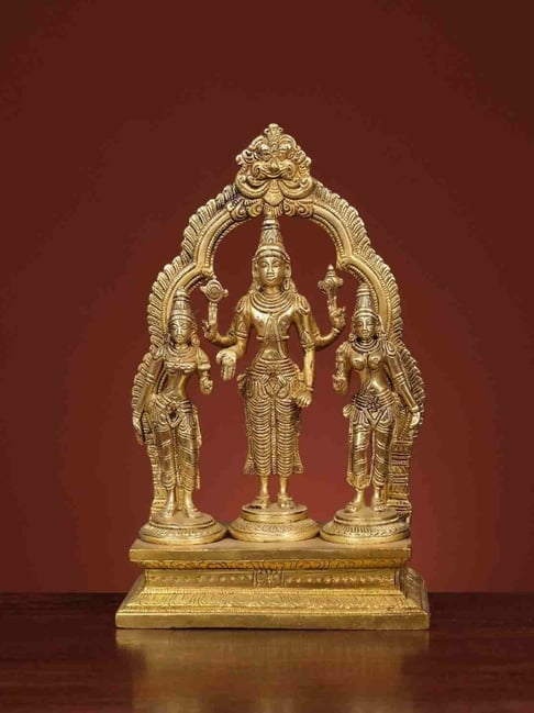 Ekaa Handicrafts Golden Brass Lord Vishnu With Bhudevi And Sridevi-picture-38