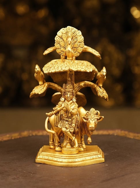 Ekaa Handicrafts Gold Brass Lord Krishna Statue with Cow and Tree-picture-21