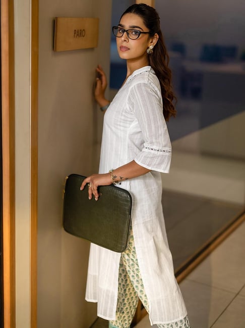 Buy Libas White Woven Design Straight Kurta with Lining Online