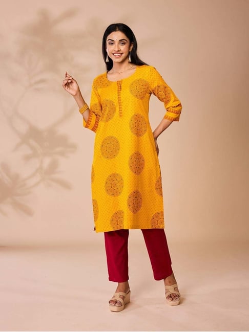 Daali Yellow Cotton Regular Fit Printed Kurta-picture-14
