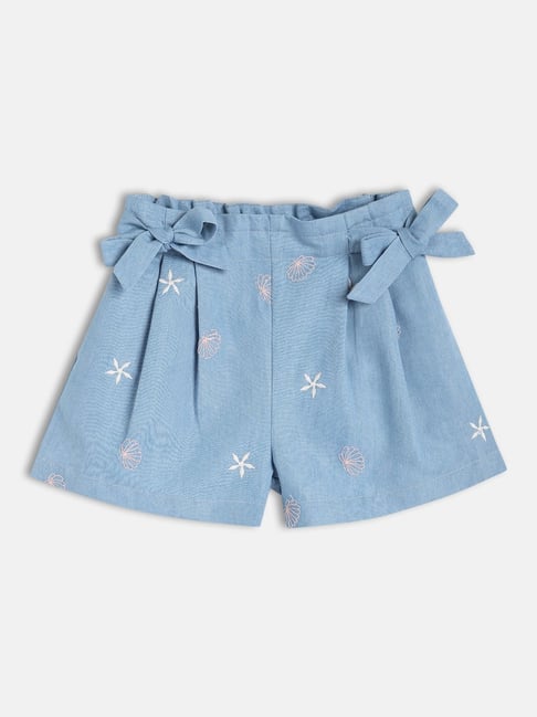 Miniklub Girls Blue Cotton Embroidered Shorts-picture-20