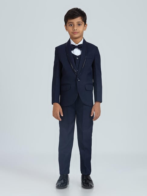 Kids Island Boys Navy Blue Embellished Regular Fit Suit Set