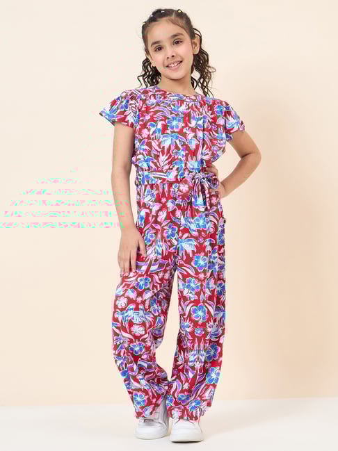 StyloBug Girls Red Floral Print Regular Fit Jumpsuit