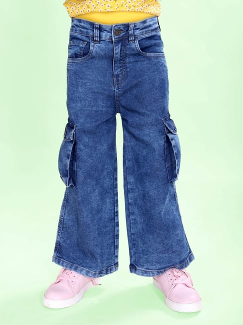 Kiddopanti Girls Medium Blue Denim Regular Fit Jeans