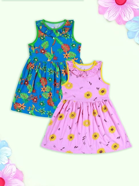 Kiddopanti Girls Baby Pink & Sky Blue Cotton Printed Regular Fit Dress - Pack of 2