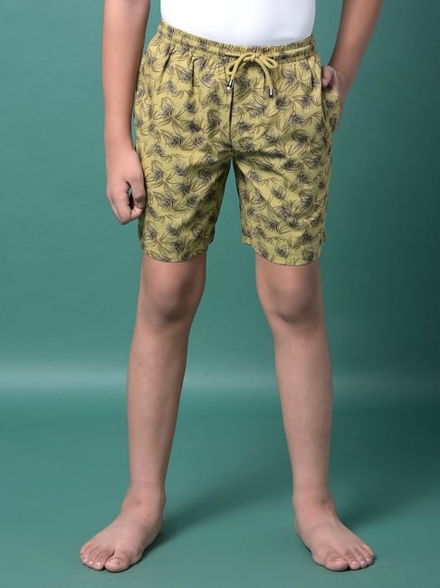 Crimsoune Club Boys Olive Cotton Slim Fit Floral Print Lounge Shorts
