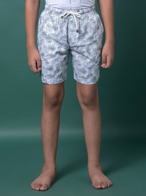 Crimsoune Club Boys Blue Cotton Slim Fit Floral Print Lounge Shorts