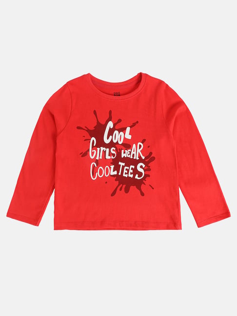 miniklub girls red printed regular fit knit top