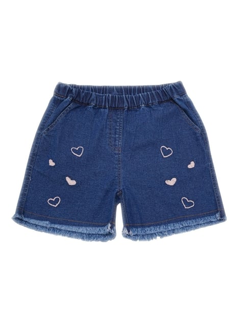 Creative Kid's Girls Navy Blue Denim Embroidered Shorts