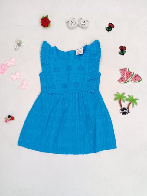 Creative Kid's Girls Blue Cotton Embroidered Dress