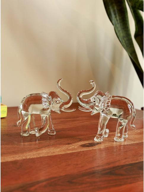 Unravel India White Handcrafted Premium Glass Duo Elephant Figurine Art Piece - Set of 2