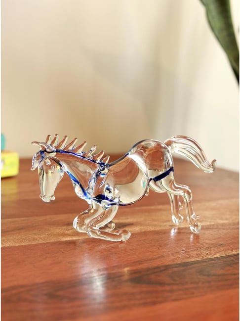 Unravel India White Handcrafted Rearing Glass Horse Figurine with Blue Highlights Art Piece