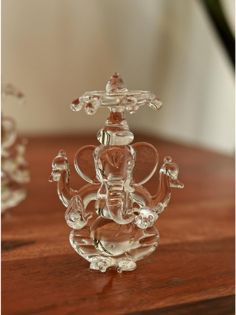 Unravel India White Crystal Glass Ganesha Idol with Chatri for Home Mandir & Spiritual Decor
