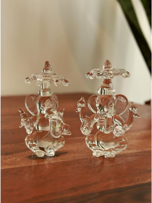 Unravel India White Glass Ganesha Idol with Chatri for Home Mandir & Spiritual Decor - Set of 2