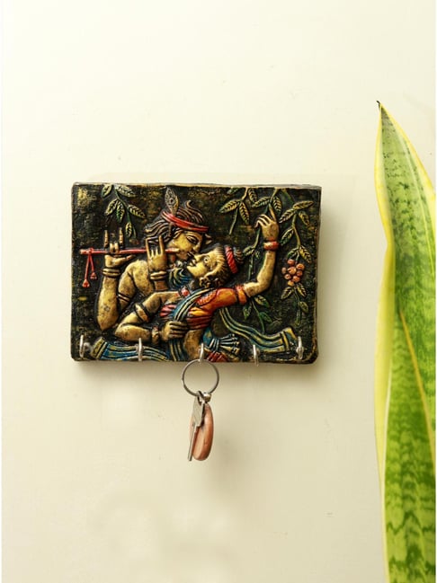 Unravel India Multicolor Wood Fibre Depicting Dancing Radha Krishna Wall Hanging Key Holder