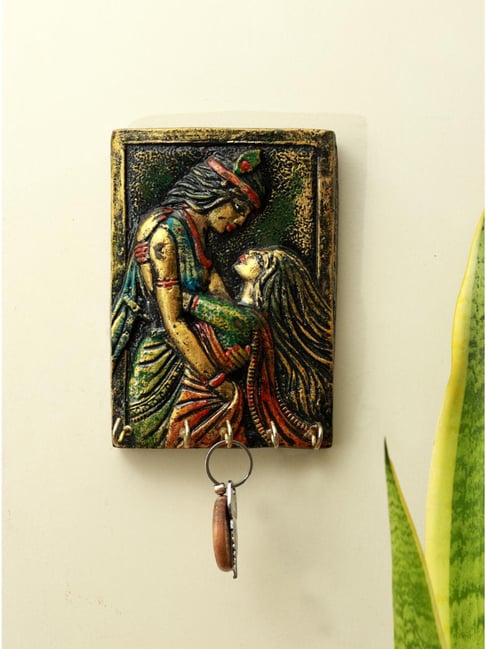 Unravel India Multicolor Wood Fibre Depicting Dancing Radha Krishna Wall Hanging Key Holder
