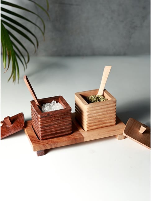 Unravel India Brown & White Sheesham Wood Refreshment Jar & Tray with Spoon - Set of 4-picture-31
