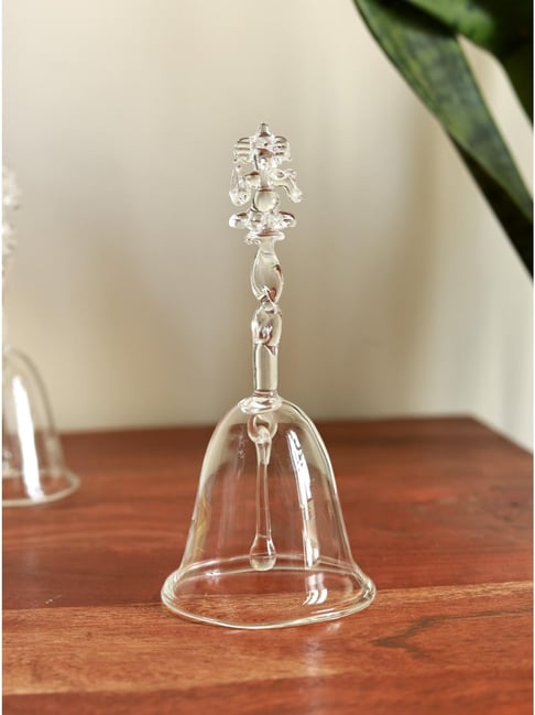 Unravel India White Crystal Glass Pooja Bell with Ganesh Top Handcrafted