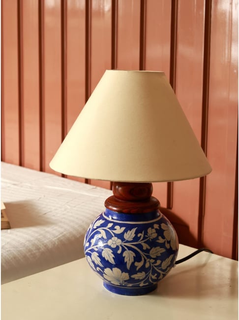 Unravel India Blue Ceramic Handcrafted Pottery Floral Table Lamps with Shade