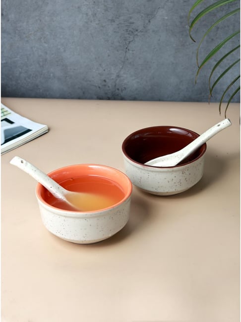 Unravel India Ceramic Off-White Soup Bowl with Spoon Set of 4