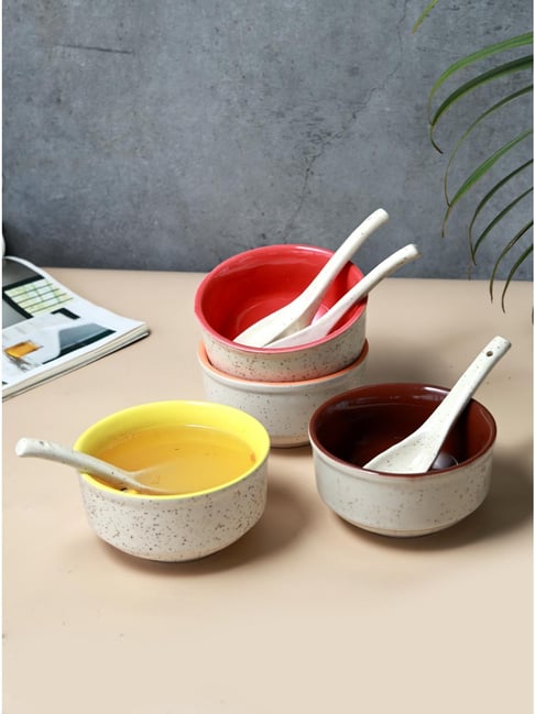 Unravel India Ceramic Off-White Soup Bowl with Spoon - Set of 4