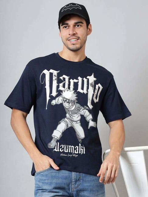 Free Authority Navy Blue Cotton Oversized Printed T-Shirt-picture-41
