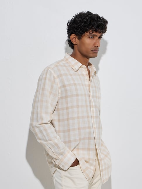 WES Casuals by Westside Off-White Checks Relaxed-Fit Linen-Blend Shirt-picture-12