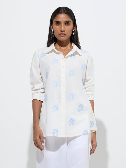 Zuba by Westside White Floral Embroidered Cotton-Blend Tunic-picture-46