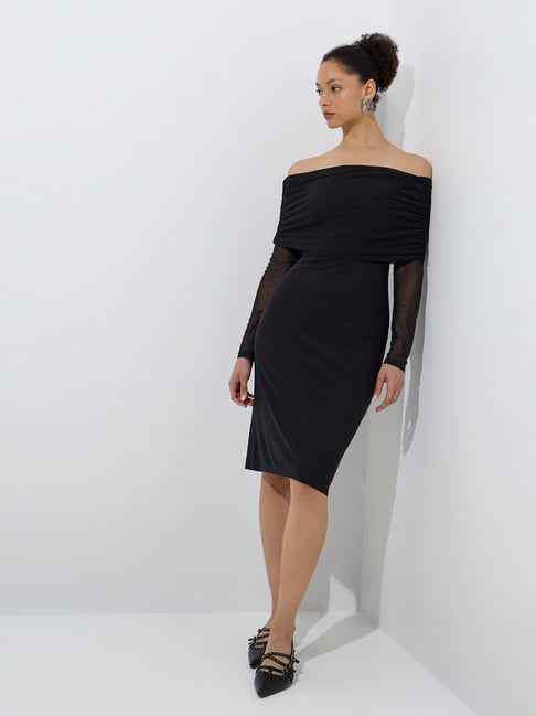 Wardrobe by Westside Black Mesh Off-Shoulder Dress