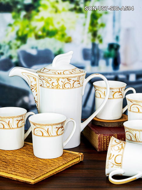 Buy SONAKI White Bone China Cup with Kettle - Set of 7 at Best