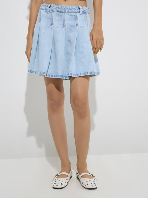 Nuon by Westside Light Blue Box Pleated Mid-Rise Denim Skirt