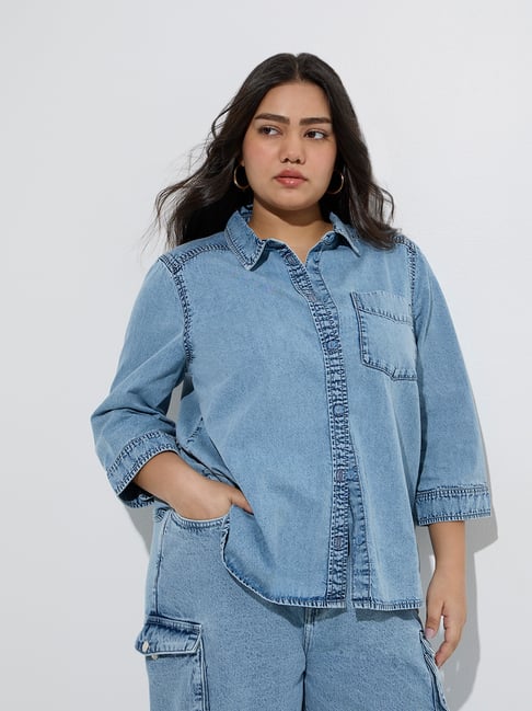 Gia by Westside Light Blue Faded Denim Shirt