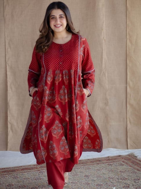 The Indian Ethnic Co Red Cotton A-Line Ajrakh Handblock Printed Kurta