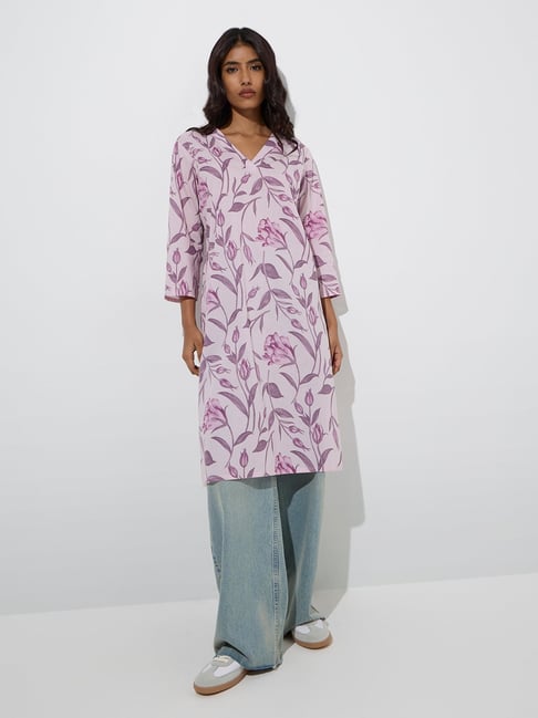 Utsa by Westside Lilac Botanical Printed Cotton Straight Kurta-picture-10