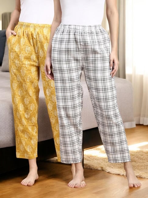 Kryptic Grey & Mustard Cotton Relaxed Fit Printed Lounge Pants - Pack of 2-image-7