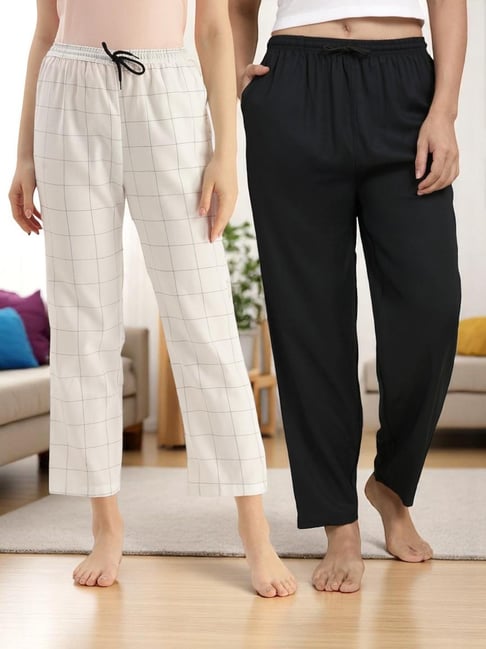 Kryptic Black & White Cotton Relaxed Fit Printed Lounge Pants - Pack of 2-picture-13