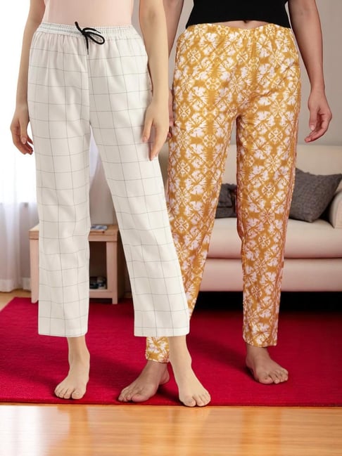 Kryptic Mustard & White Cotton Relaxed Fit Printed Lounge Pants - Pack of 2-picture-16