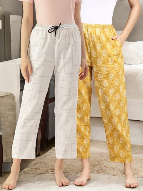 Kryptic Mustard & White Cotton Relaxed Fit Printed Lounge Pants - Pack of 2-picture-18