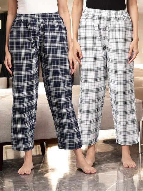 Kryptic White & Navy Blue Cotton Relaxed Fit Printed Lounge Pants - Pack of 2-picture-31