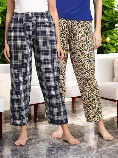 Kryptic Yellow & Navy Blue Cotton Relaxed Fit Printed Lounge Pants - Pack of 2-picture-37