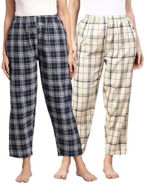 Kryptic Off White & Navy Blue Cotton Relaxed Fit Printed Lounge Pants - Pack of 2-picture-20