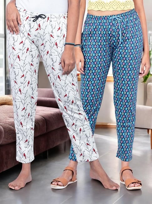 Kryptic Blue & Off White Cotton Relaxed Fit Printed Lounge Pants - Pack of 2-picture-24