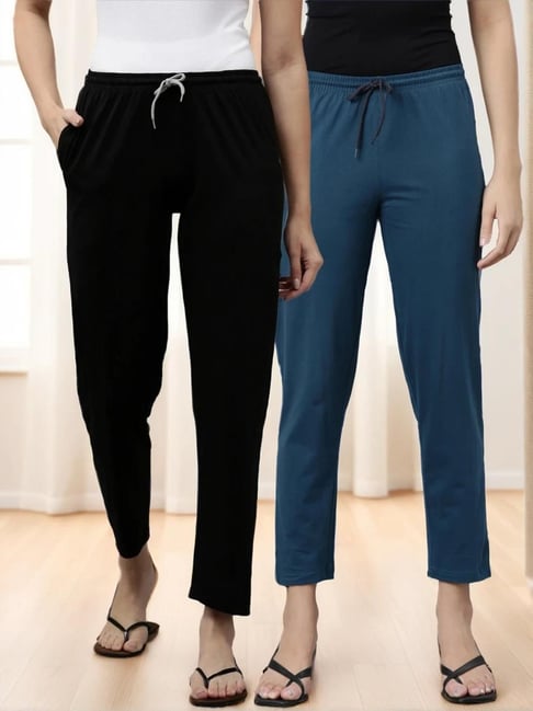 Kryptic Black & Teal Blue Cotton Regular Fit Lounge Pants - Pack of 2-picture-35