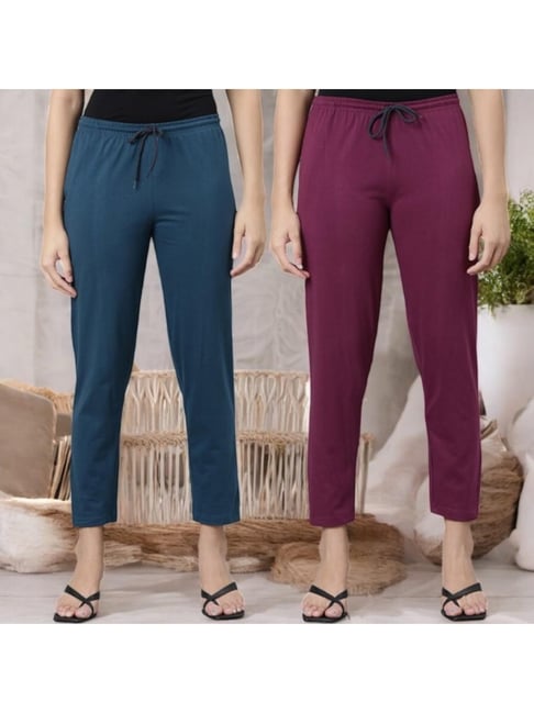 Kryptic Teal Blue & Burgundy Cotton Regular Fit Lounge Pants - Pack of 2-picture-48