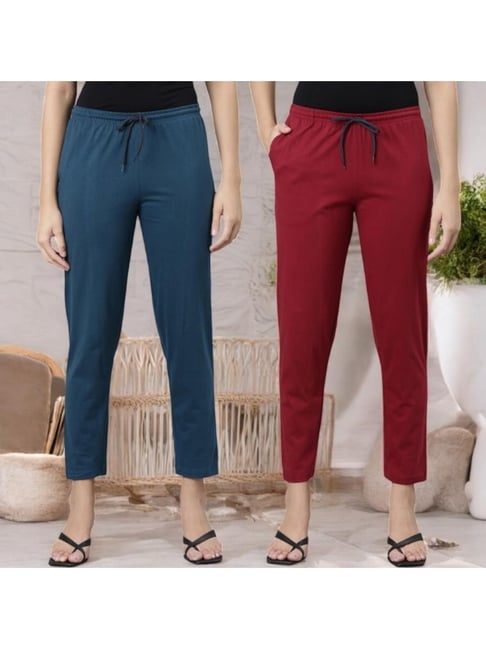 Kryptic Teal Blue & Maroon Cotton Regular Fit Lounge Pants - Pack of 2-picture-36