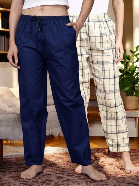 Kryptic Blue & Off White Cotton Relaxed Fit Printed Lounge Pants - Pack of 2-picture-31