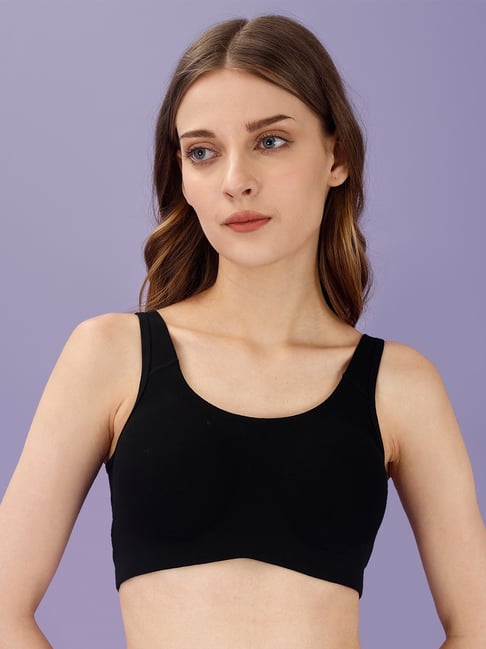 Soie Black Cotton Solid Sports Bra