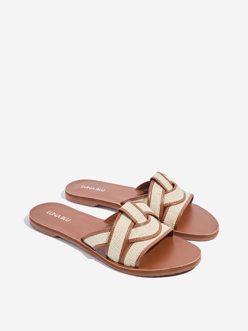 LUNA BLU by Westside Tan Woven-Textured Multi-Strap Slides